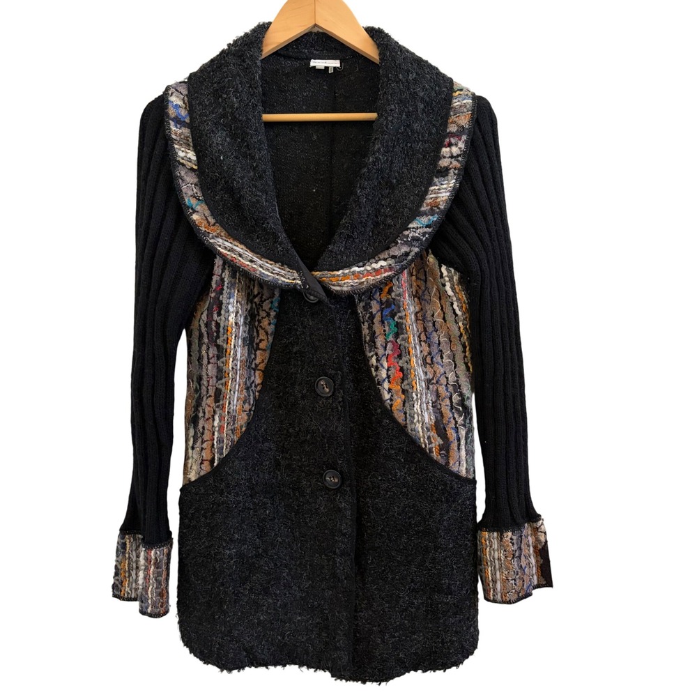 Sioni Studio Womens Black Wool Mohair Blend Longline Cardigan Tapestry Trim L